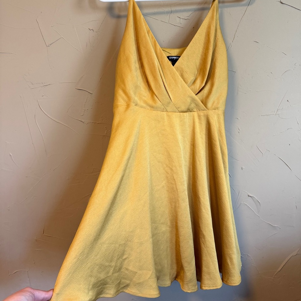 Express Mustard Yellow Mini Dress Satin Wrap VNeck Sleeveless ALine Skater Sm/P